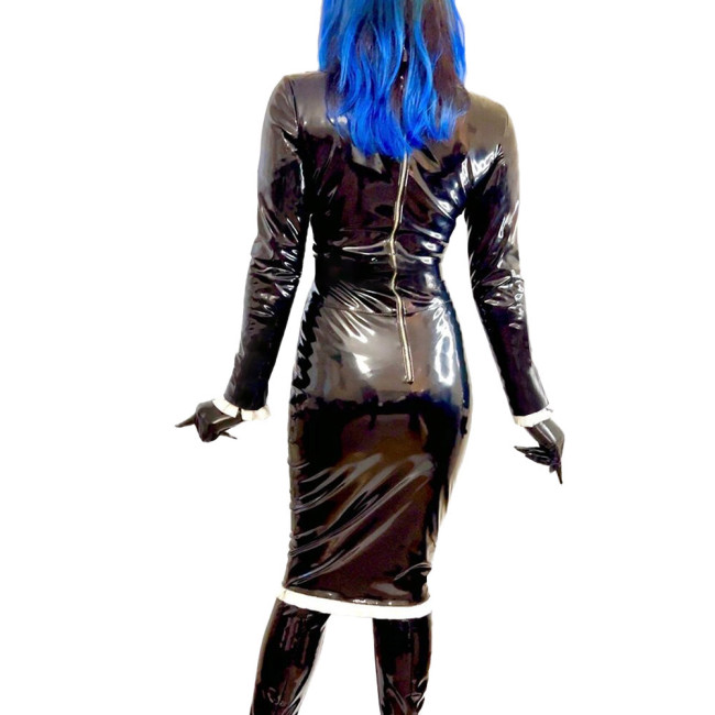 Elegant Bodycon Slim Knee-length Dresses for Women High Neck Package Hip Wetlook PVC Leather Party Dress Female Club Vestidos