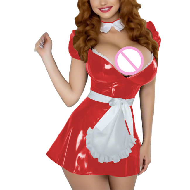 Exotic Sexy Wetlook Maid Mini Dress Outfits Glossy Puff Short Sleeved A-line Maid Uniform Sissy Role-playing Clothes Erotic Sets