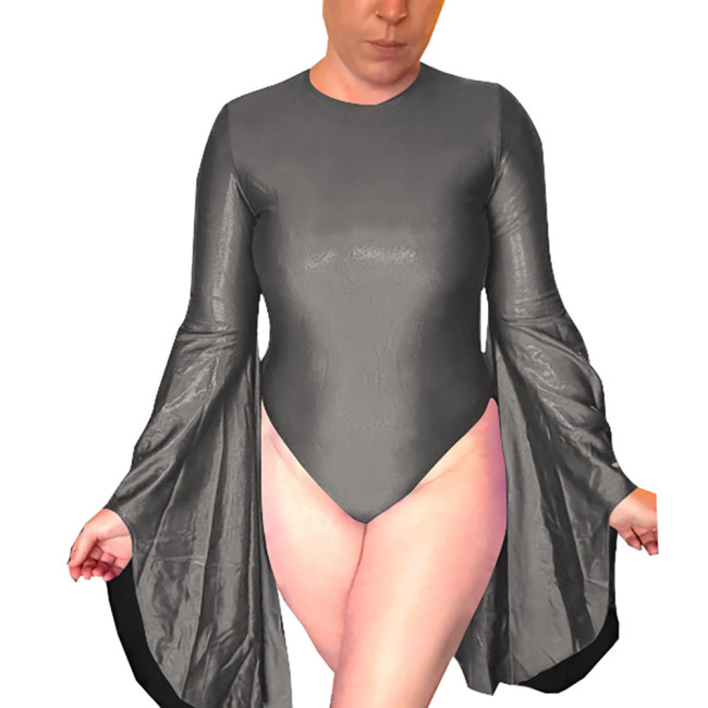 Sissy Shiny High Cut Leotard Flared Long Sleeve Open Back Bodysuit Holographic Laser O-neck Party Cosplay Catsuit Clubwear