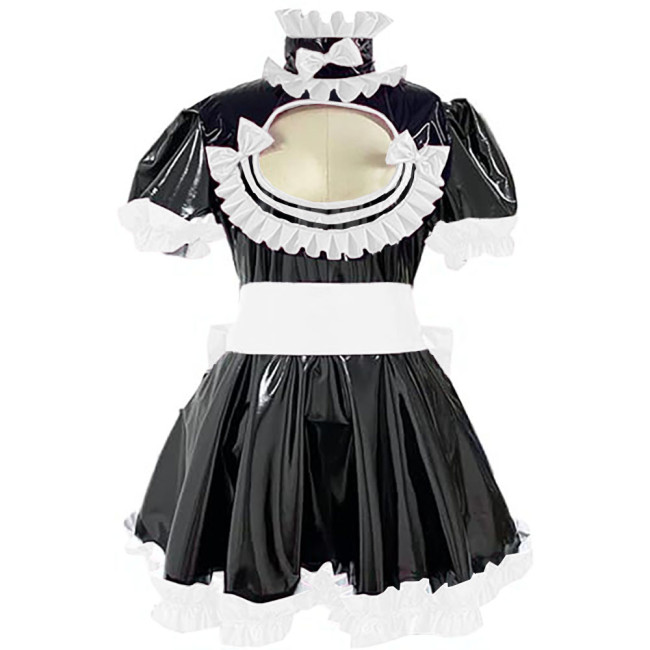 Cross Dresser Ruffles Hem A-line Maid Dresses Sissy Vinyl PVC Leather Lolita Maid Dress Exotic Hollow Pleat Short Dress Outfits