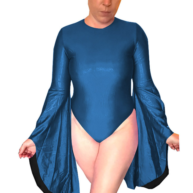 Sissy Shiny High Cut Leotard Flared Long Sleeve Open Back Bodysuit Holographic Laser O-neck Party Cosplay Catsuit Clubwear