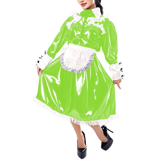 Mens Sissy Maid Cosplay Outfit Long Sleeve Lace Maid Servant Uniform Shiny PVC Leather A-line Maid Dress with Apron Crossdresser