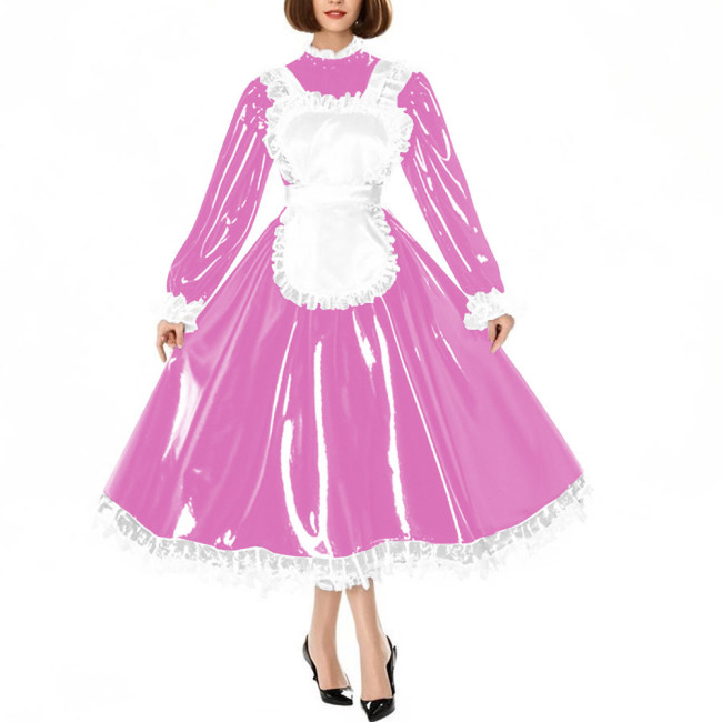 Sissy Crossdress Maid Cosplay Dress Outfits Puff Long Sleeve Lockable Long A-line Lolita Maid Dress Wetlook Apron Servant Dress