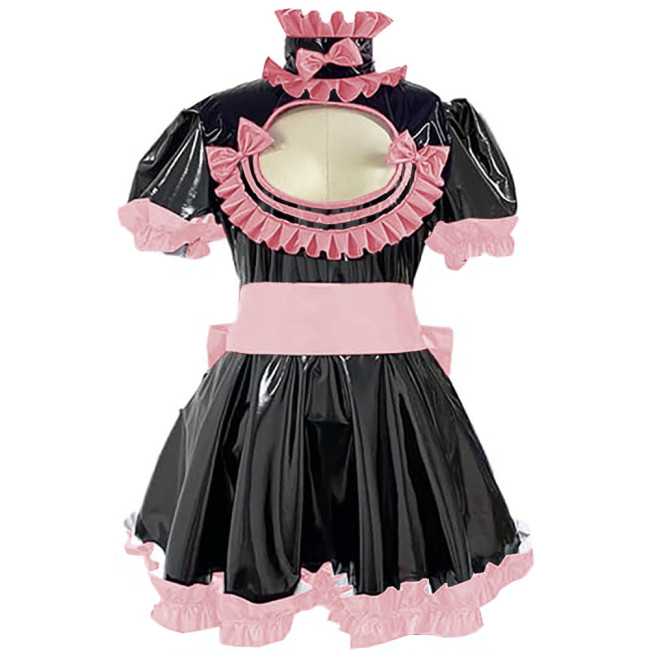 Cross Dresser Ruffles Hem A-line Maid Dresses Sissy Vinyl PVC Leather Lolita Maid Dress Exotic Hollow Pleat Short Dress Outfits