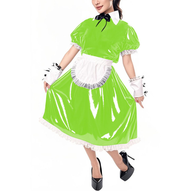 Sissy Puff Short Sleeve Vinyl PVC Maid Dresses Halloween Party Cosplay Servant Uniform Cross Dresser Midi Maid Dress with Apron