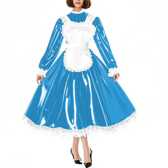 Sissy Crossdress Maid Cosplay Dress Outfits Puff Long Sleeve Lockable Long A-line Lolita Maid Dress Wetlook Apron Servant Dress