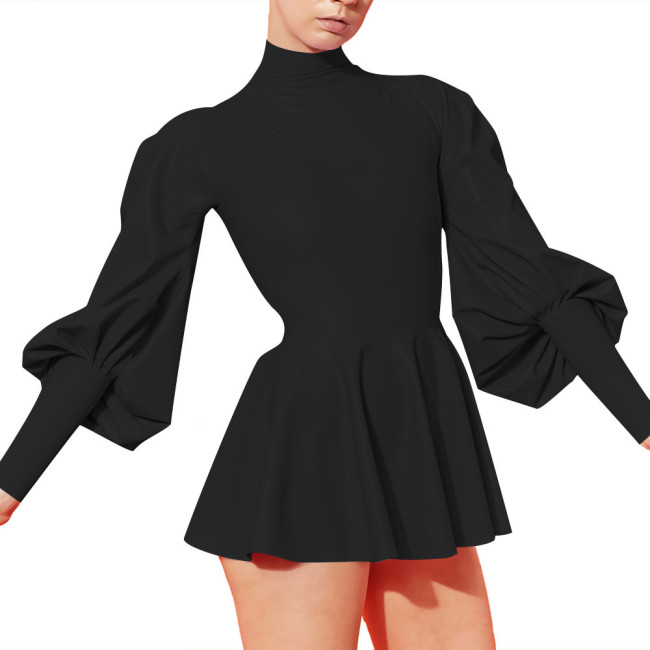 Mens Sissy French Elegant Mini Dresses Vinyl PVC Leather Lantern Sleeve Back Zipper Slim A Line Dress Party Turtleneck Vestidos