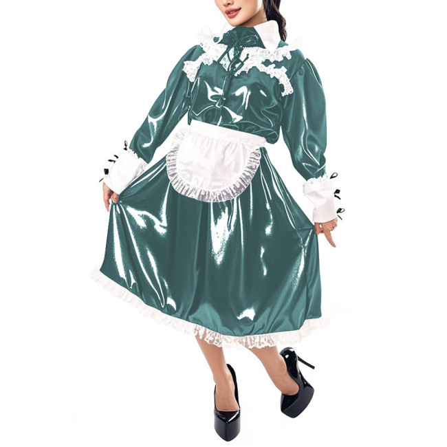 Mens Sissy Maid Cosplay Outfit Long Sleeve Lace Maid Servant Uniform Shiny PVC Leather A-line Maid Dress with Apron Crossdresser