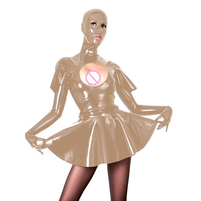 Novelty Pleated Mini Dress with Masked Hood Sexy Hollow  Vinyl PVC Leather Long Sleeve Short Swing Dress Sissy Wetlook Clubwear