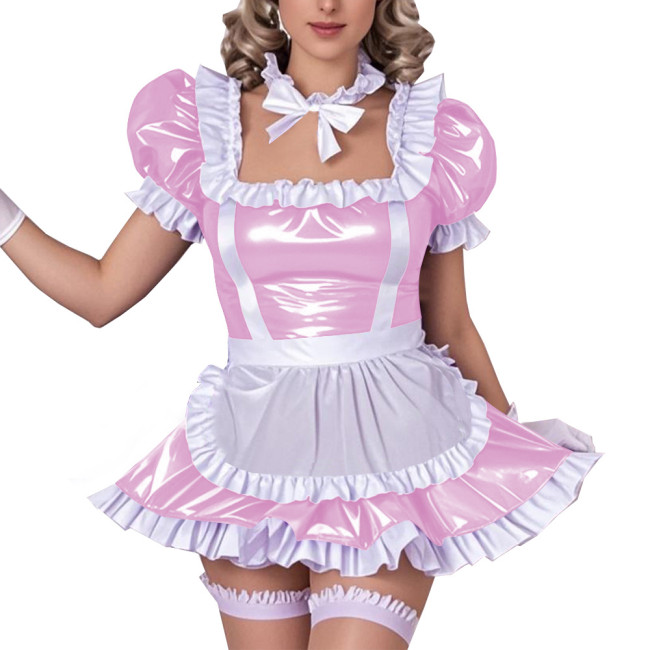 Square Neck Ruffled Edge Sexy Maid Dress Outfits Sissy Wetlook PVC Leather A-Line Dress Sets Raves Party Cosplay Maid Uniforms