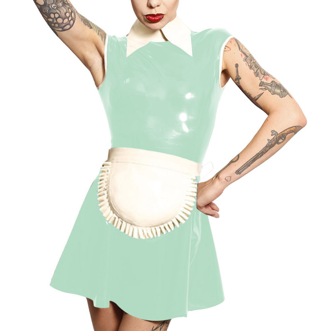 Mens Sissy Latex-look Maid Outfit Sleeveless A-line Mini Dress with Apron Unisex PVC Maid Uniforms Raves Party Cosplay Costume