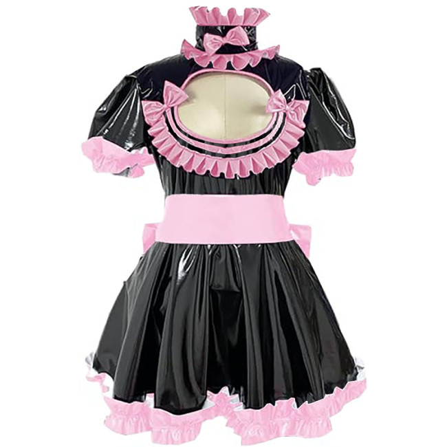 Cross Dresser Ruffles Hem A-line Maid Dresses Sissy Vinyl PVC Leather Lolita Maid Dress Exotic Hollow Pleat Short Dress Outfits