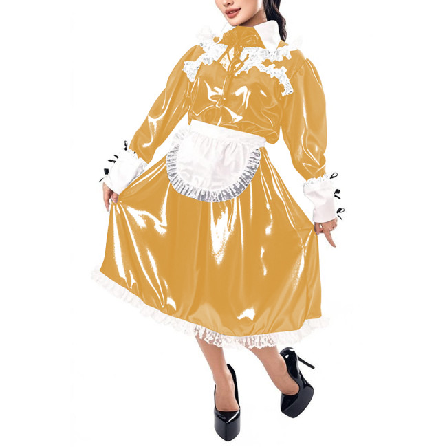 Mens Sissy Maid Cosplay Outfit Long Sleeve Lace Maid Servant Uniform Shiny PVC Leather A-line Maid Dress with Apron Crossdresser