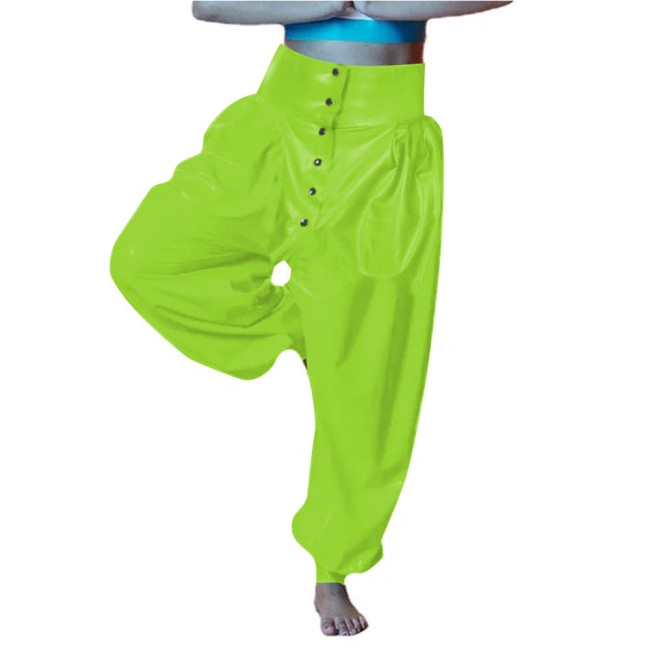 Vinyl PVC Leather Party Bloomers Pants Sissy High Waist Loose Lantern Pants Fashion Button-up Open Crotch Pants Female Trouster
