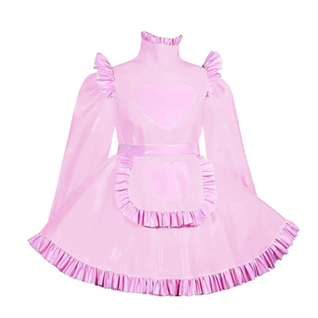 Lockable Adult Cross Dressing Pleated Mini Maid Dress Sissy Lolita Heart A-line PVC Dress with Apron Halloween Cosplay Outfits
