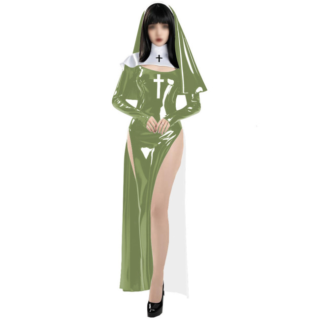 Sissy Party Nun Cosplay Costume Shiny PVC Long Sleeve Dress Uniform Wetlook Halloween Outfit Adult Sexy Nun Dress with Headgear