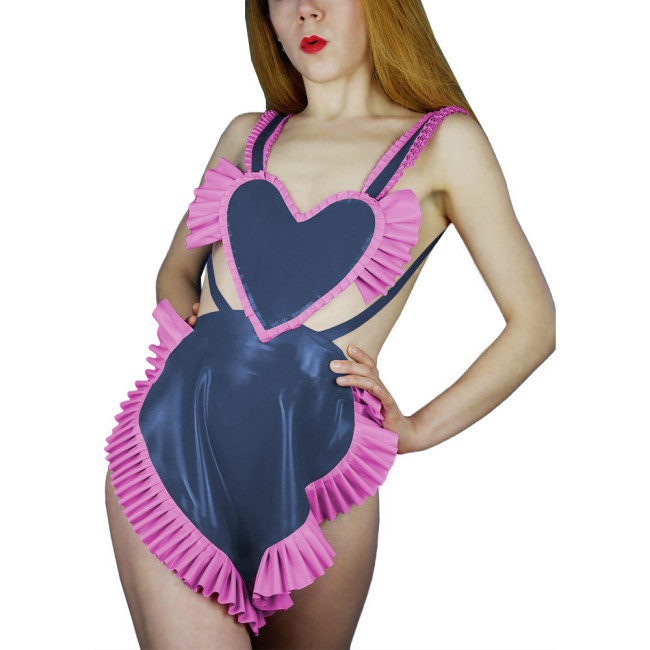 Sweet Sexy Backless Heart Apron Erotic Dress Shiny PVC Leather Ruffled Shoulder Strap Apron Raves Party Cosplay Accessories 7XL