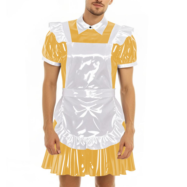 Mens Sissy Party Maid Uniforms Cross-dresser Vinyl Short Sleeve PVC Leather Mini Dress with Apron French Maid Cosplay Dress Sets