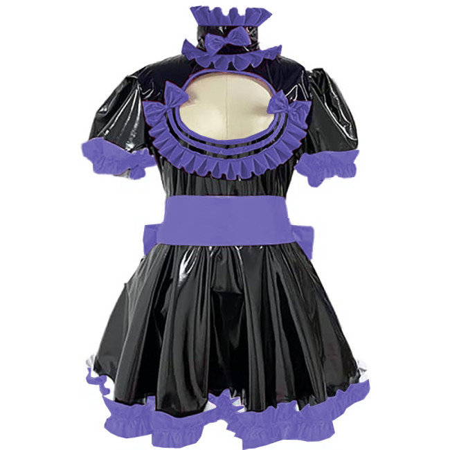 Cross Dresser Ruffles Hem A-line Maid Dresses Sissy Vinyl PVC Leather Lolita Maid Dress Exotic Hollow Pleat Short Dress Outfits