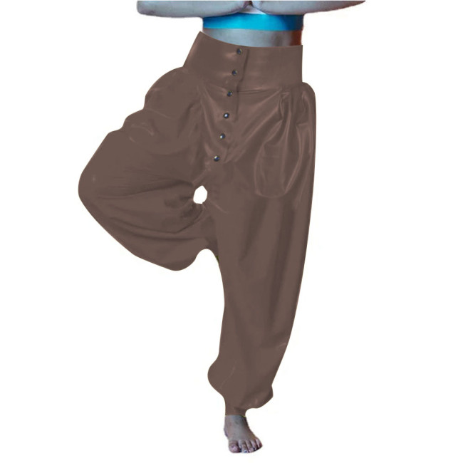 Vinyl PVC Leather Party Bloomers Pants Sissy High Waist Loose Lantern Pants Fashion Button-up Open Crotch Pants Female Trouster