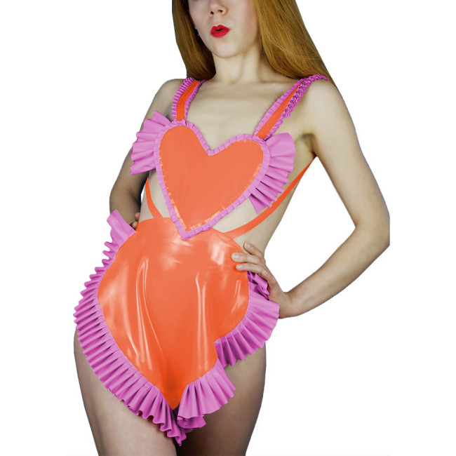 Sweet Sexy Backless Heart Apron Erotic Dress Shiny PVC Leather Ruffled Shoulder Strap Apron Raves Party Cosplay Accessories 7XL