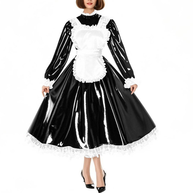 Sissy Crossdress Maid Cosplay Dress Outfits Puff Long Sleeve Lockable Long A-line Lolita Maid Dress Wetlook Apron Servant Dress