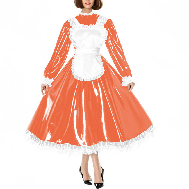 Sissy Crossdress Maid Cosplay Dress Outfits Puff Long Sleeve Lockable Long A-line Lolita Maid Dress Wetlook Apron Servant Dress
