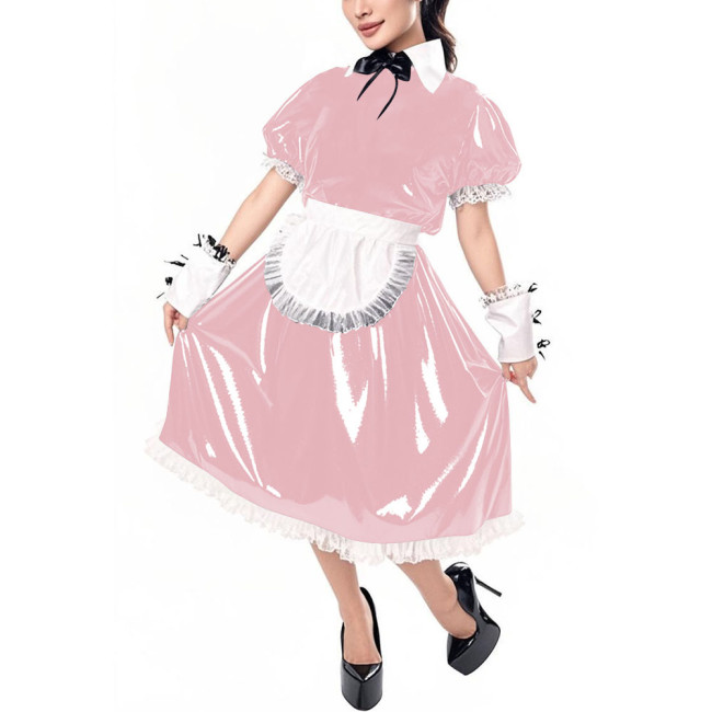 Sissy Puff Short Sleeve Vinyl PVC Maid Dresses Halloween Party Cosplay Servant Uniform Cross Dresser Midi Maid Dress with Apron