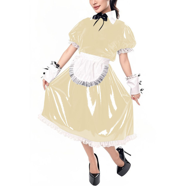 Sissy Puff Short Sleeve Vinyl PVC Maid Dresses Halloween Party Cosplay Servant Uniform Cross Dresser Midi Maid Dress with Apron