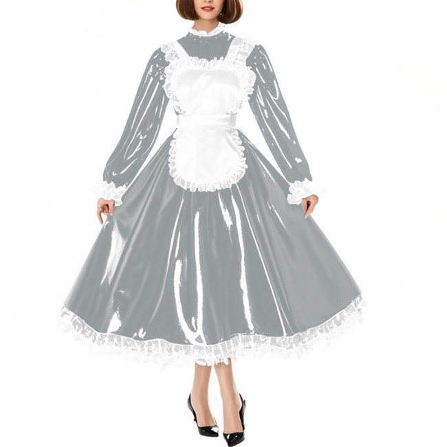 Sissy Crossdress Maid Cosplay Dress Outfits Puff Long Sleeve Lockable Long A-line Lolita Maid Dress Wetlook Apron Servant Dress