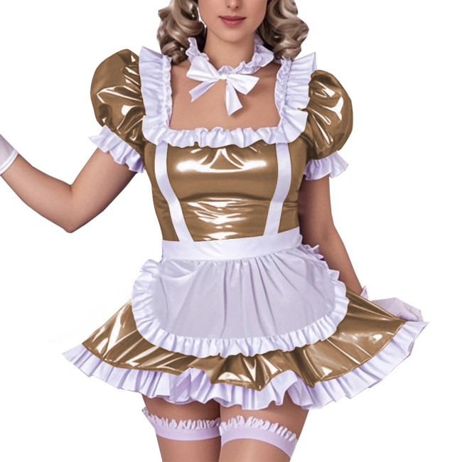 Square Neck Ruffled Edge Sexy Maid Dress Outfits Sissy Wetlook PVC Leather A-Line Dress Sets Raves Party Cosplay Maid Uniforms