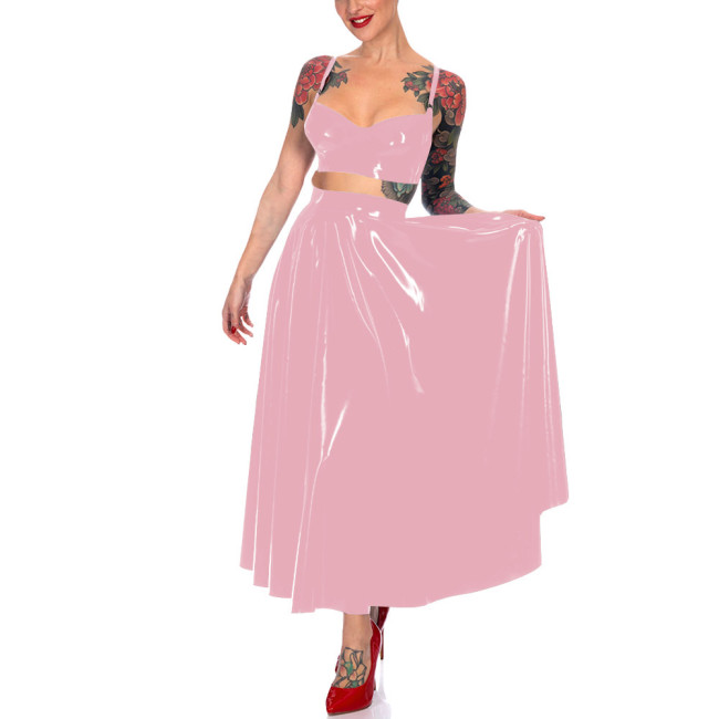 Summer Crop Tank Pleated Long Skirt Sets Women Strap Sleeveless Vest and High Waist A-line Skrits Wetlook PVC Club Dress Suits