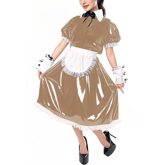 Sissy Puff Short Sleeve Vinyl PVC Maid Dresses Halloween Party Cosplay Servant Uniform Cross Dresser Midi Maid Dress with Apron