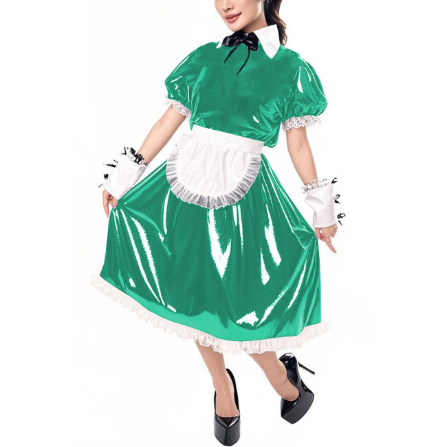 Sissy Puff Short Sleeve Vinyl PVC Maid Dresses Halloween Party Cosplay Servant Uniform Cross Dresser Midi Maid Dress with Apron