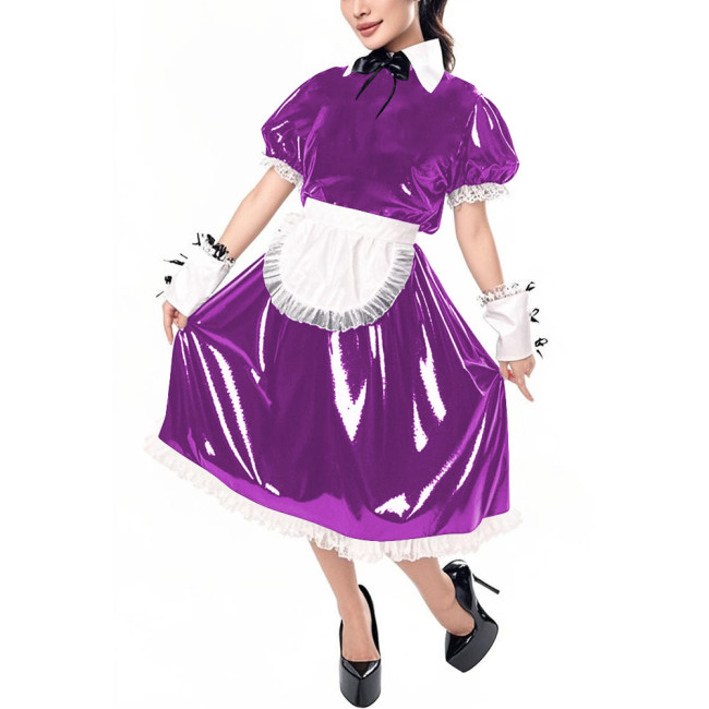 Sissy Puff Short Sleeve Vinyl PVC Maid Dresses Halloween Party Cosplay Servant Uniform Cross Dresser Midi Maid Dress with Apron