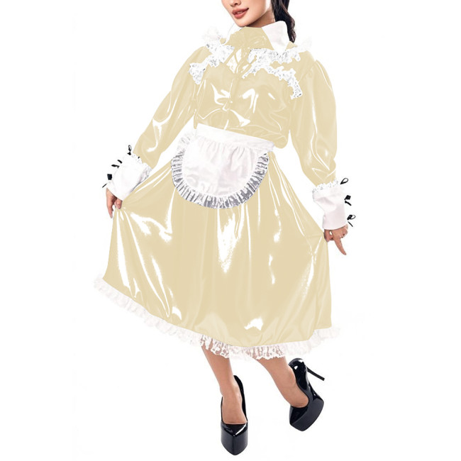 Mens Sissy Maid Cosplay Outfit Long Sleeve Lace Maid Servant Uniform Shiny PVC Leather A-line Maid Dress with Apron Crossdresser