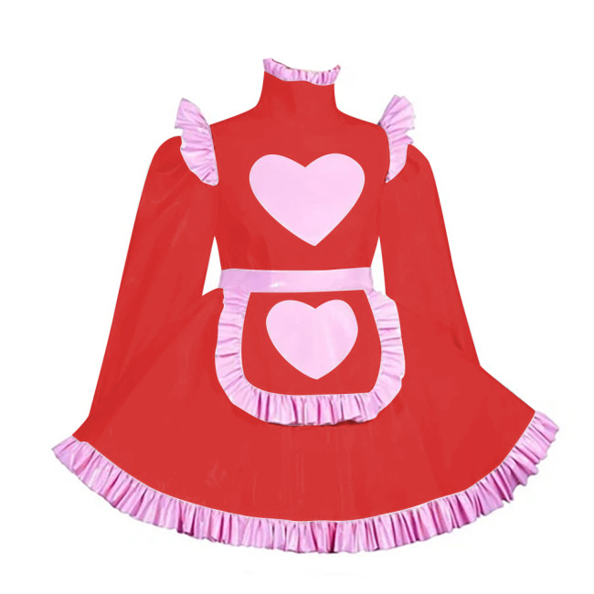 Lockable Adult Cross Dressing Pleated Mini Maid Dress Sissy Lolita Heart A-line PVC Dress with Apron Halloween Cosplay Outfits
