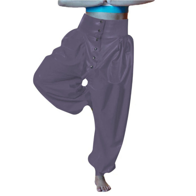 Vinyl PVC Leather Party Bloomers Pants Sissy High Waist Loose Lantern Pants Fashion Button-up Open Crotch Pants Female Trouster