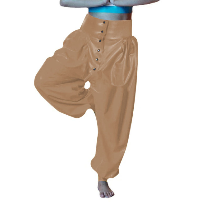 Vinyl PVC Leather Party Bloomers Pants Sissy High Waist Loose Lantern Pants Fashion Button-up Open Crotch Pants Female Trouster
