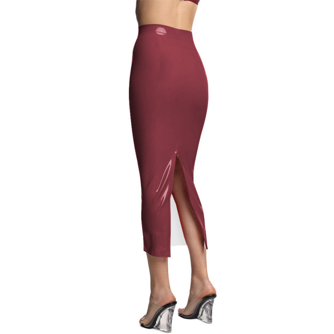 Sissy Slim Fit Midi Shiny PVC Leather Pencil Skirt High Waist Zipper Back Slit Long Office Skirts Fashion Bodycon Streetwear