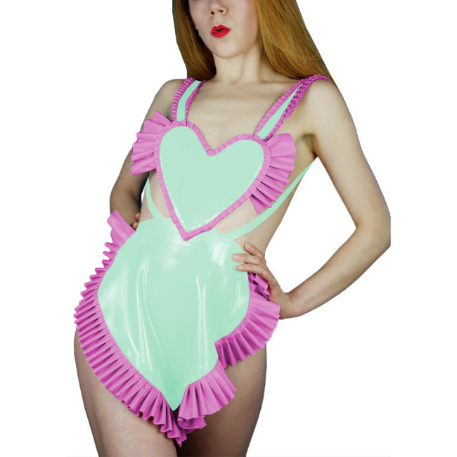 Sweet Sexy Backless Heart Apron Erotic Dress Shiny PVC Leather Ruffled Shoulder Strap Apron Raves Party Cosplay Accessories 7XL