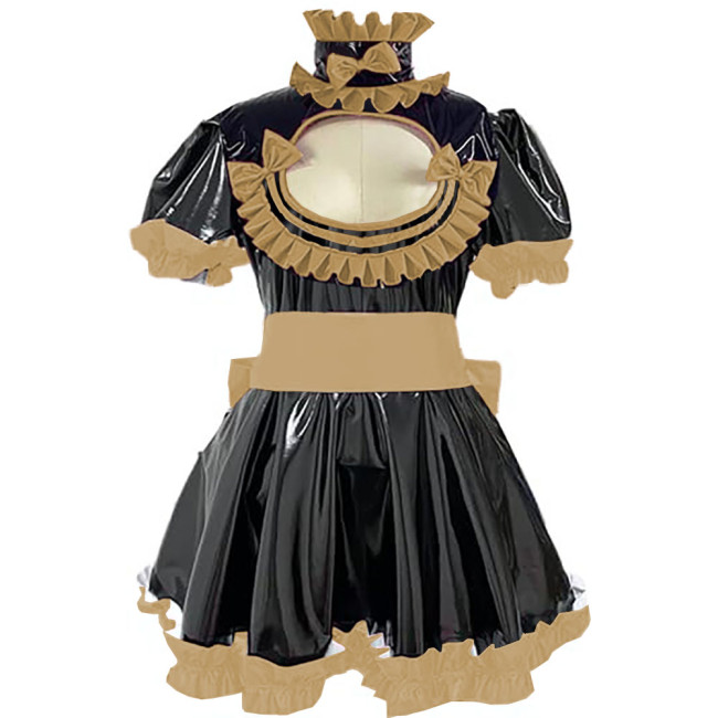 Cross Dresser Ruffles Hem A-line Maid Dresses Sissy Vinyl PVC Leather Lolita Maid Dress Exotic Hollow Pleat Short Dress Outfits