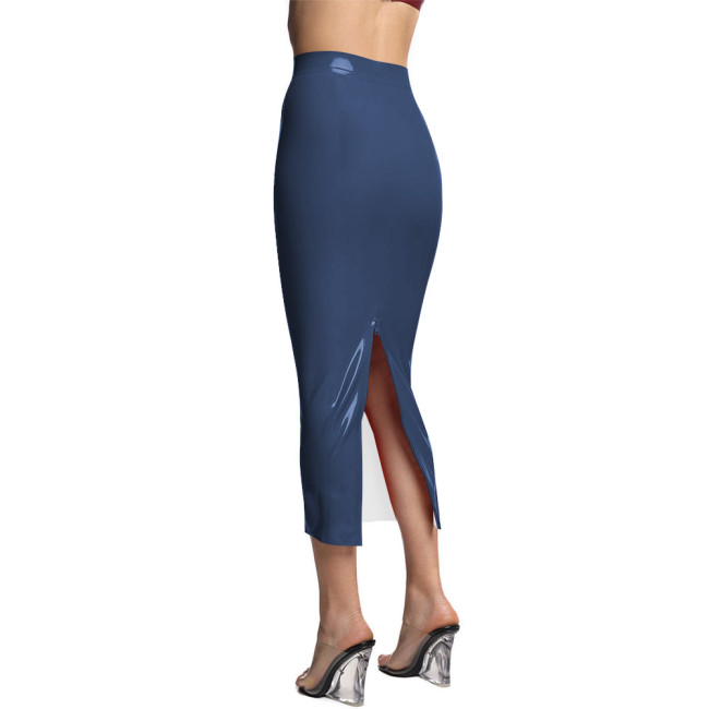 Sissy Slim Fit Midi Shiny PVC Leather Pencil Skirt High Waist Zipper Back Slit Long Office Skirts Fashion Bodycon Streetwear