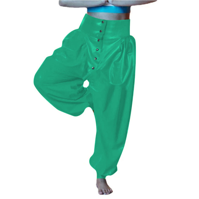 Vinyl PVC Leather Party Bloomers Pants Sissy High Waist Loose Lantern Pants Fashion Button-up Open Crotch Pants Female Trouster