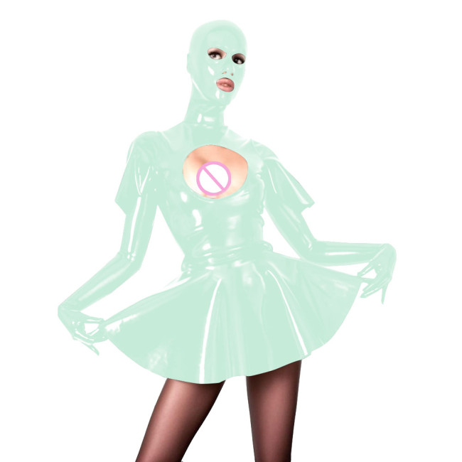 Novelty Pleated Mini Dress with Masked Hood Sexy Hollow  Vinyl PVC Leather Long Sleeve Short Swing Dress Sissy Wetlook Clubwear