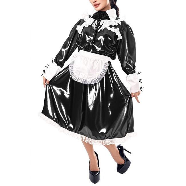 Mens Sissy Maid Cosplay Outfit Long Sleeve Lace Maid Servant Uniform Shiny PVC Leather A-line Maid Dress with Apron Crossdresser