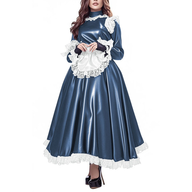 Party Gothic Maid Long Dress Elegant Lolita PU Leather High Waist Maid Dresses with Apron Cross-dresser Cosplay Maid Uniforms