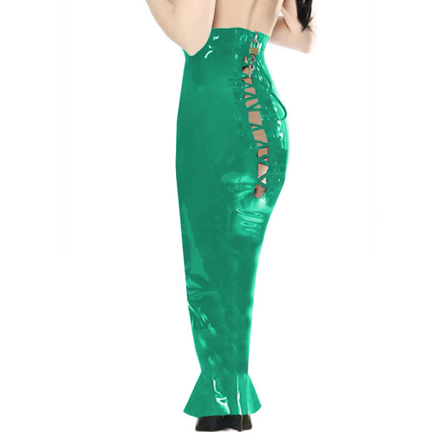 New Sexy Back Lace Up Hollowed Out Skirts Wetlook Mermaid Slim Fit PVC Leather Bodycon Long Skrts Sissy Lockable Spanking Skirt