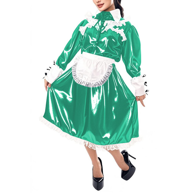 Mens Sissy Maid Cosplay Outfit Long Sleeve Lace Maid Servant Uniform Shiny PVC Leather A-line Maid Dress with Apron Crossdresser