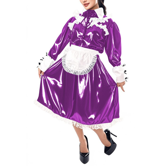 Mens Sissy Maid Cosplay Outfit Long Sleeve Lace Maid Servant Uniform Shiny PVC Leather A-line Maid Dress with Apron Crossdresser
